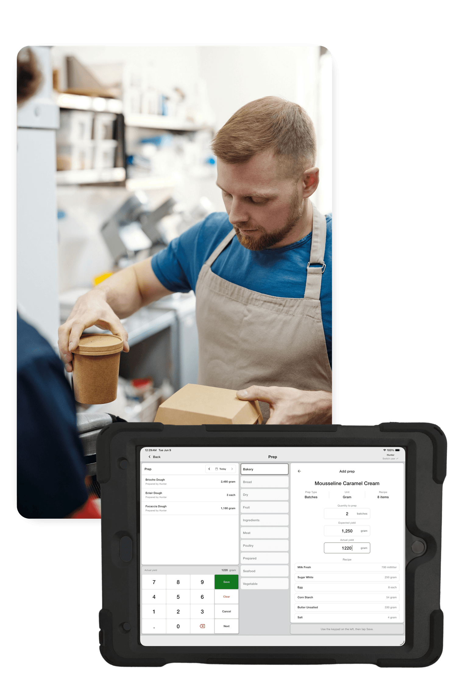 Restaurant prep workflow with Bloom back-of-house tablet interface